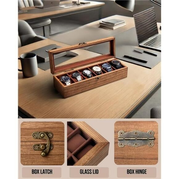 Wood Watch Box Display Case 6 Slot Glass Lid Storage Organizer for Men Women - Picture 2 of 7